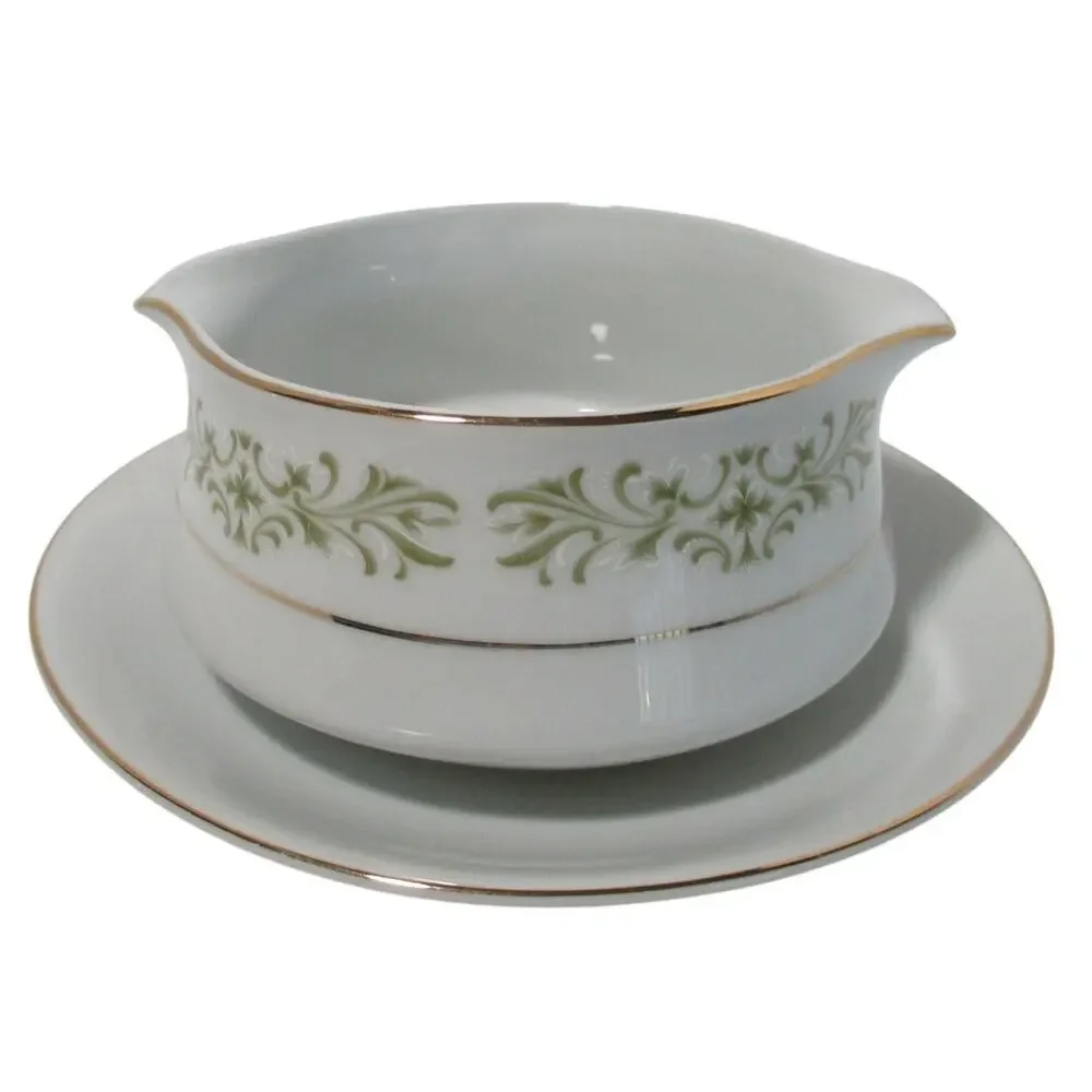 Allergo Fine China Green Scrolls White Gold Trim Gravy Boat With Attached Plate